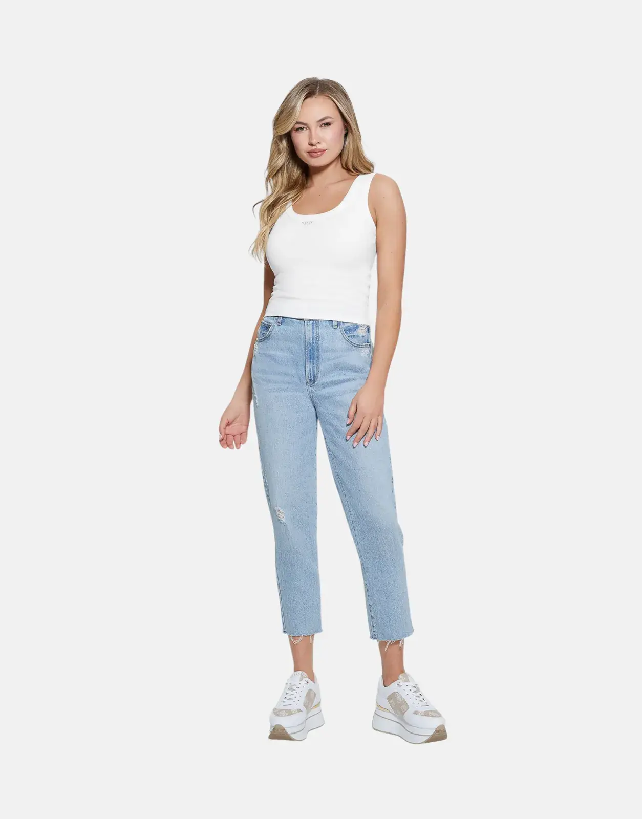 Guess Triangle Bling Rib White Tank Top