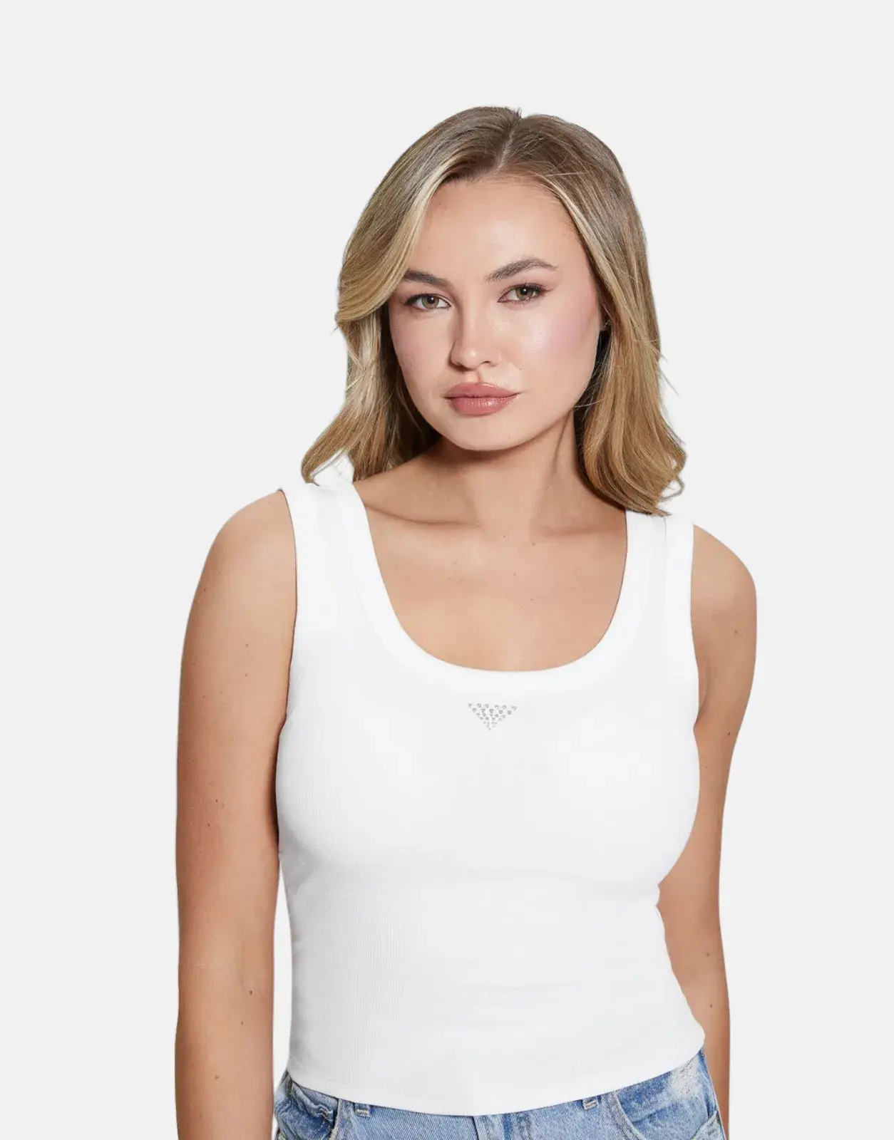 Guess Triangle Bling Rib White Tank Top
