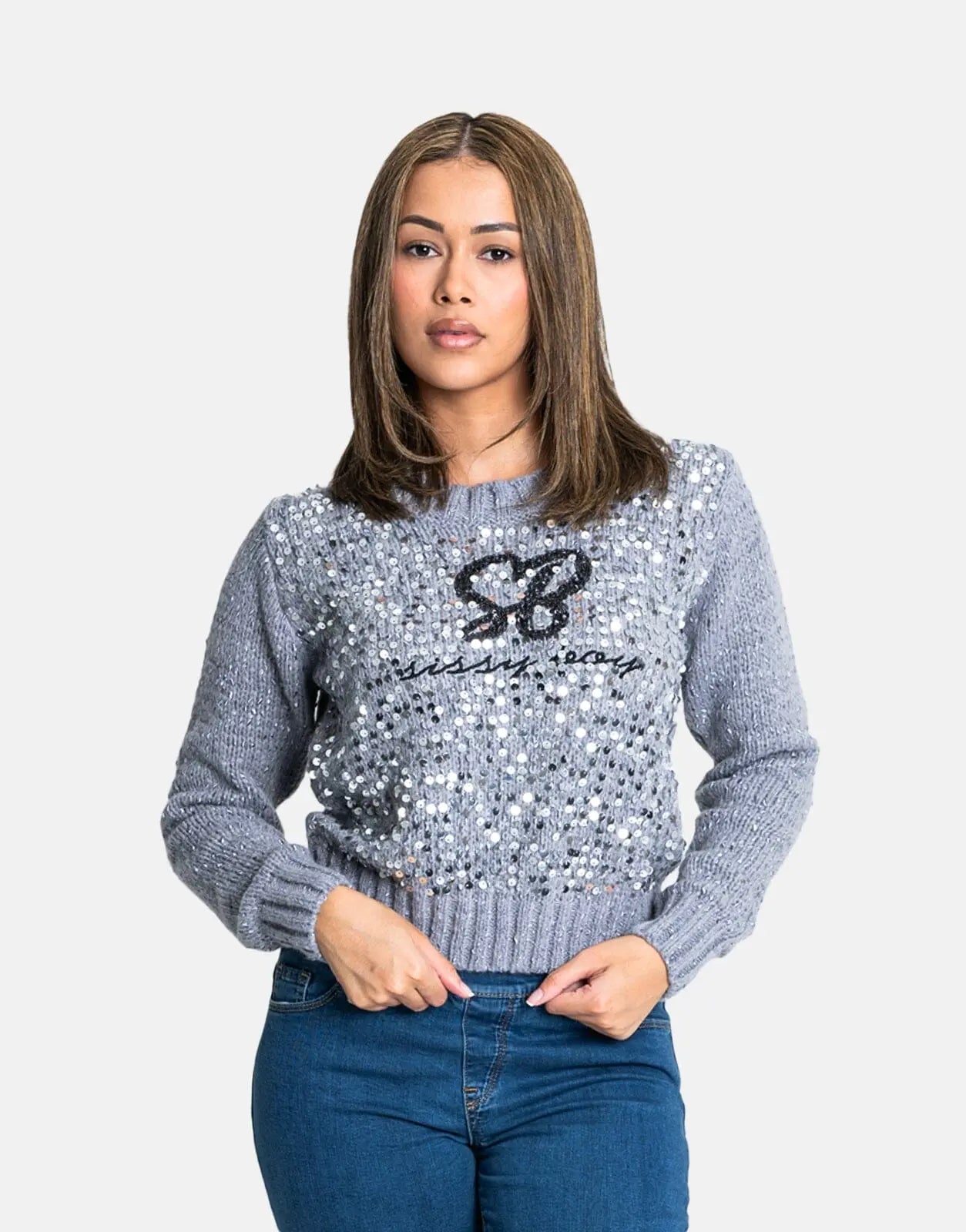 Sissy Boy Sequin Logo Knit Grey Melange Sweatshirt