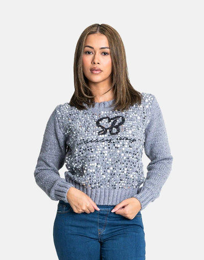 Sissy Boy Sequin Logo Knit Grey Melange Sweatshirt