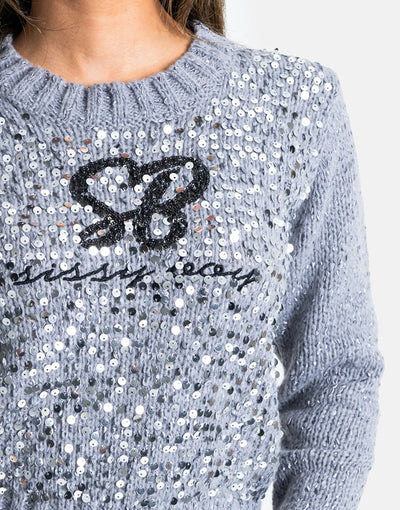 Sissy Boy Sequin Logo Knit Grey Melange Sweatshirt
